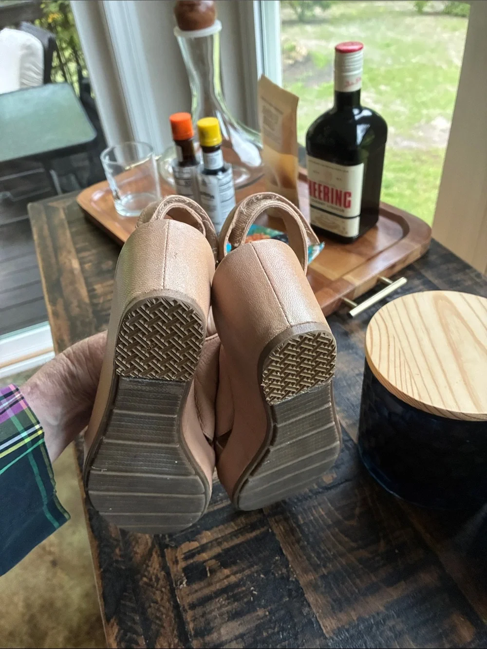 me too Neutral Tan Crisscross Wedge Sandals